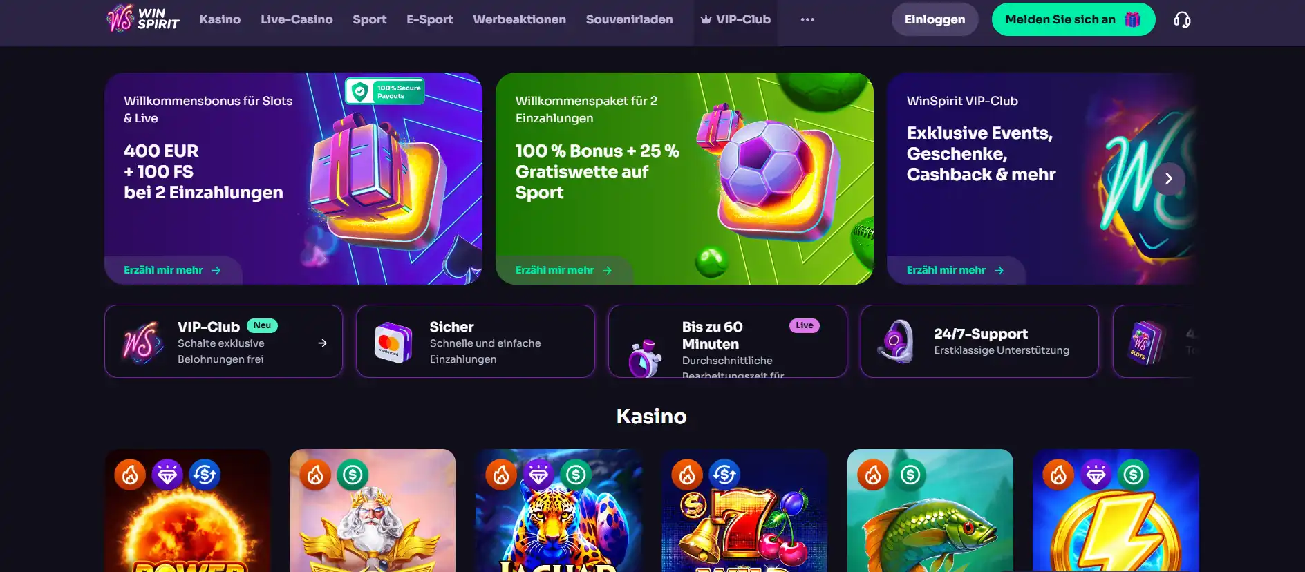 Original-Screenshot der öffentlich sichtbaren WinSpirit-Webseite mit Spielangebot und Navigation