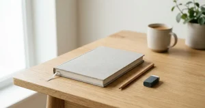 Notizheft mit Rechenblock und Taschenrechner auf einem hellen Tisch
