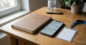 Schreibtisch mit Notizheft, Smartphone und verdeckter Dokumentenmappe