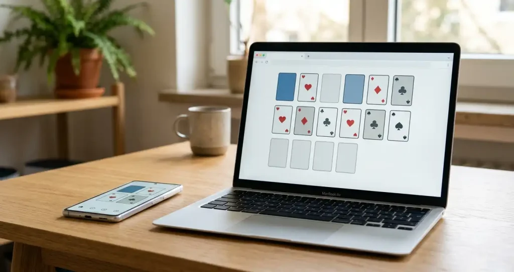 Smartphone und Laptop mit abstrakten Browserfenstern auf einer hellen Tischplatte