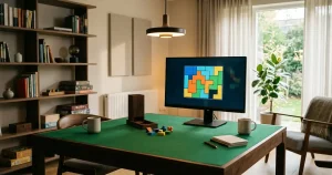 Ein moderner Spieltisch und ein abstrakter Bildschirm mit geometrischen Spielfeldern