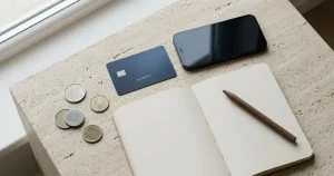Bankkarte und Smartphone neben neutralen Münzen auf einer hellen Tischplatte